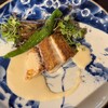 イノベーティブ フレンチ ワタハン - イトヨリダイと茄子と万願寺とうがらし。爽やかなクリームソース。美味しかったですが、硬い骨が1個取り切れていなかったので危うく刺さりそうに笑