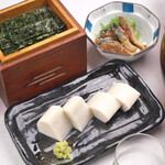 築地薮そば - そば前(焼のり、板わさ、ごまさば合え)