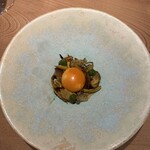 MANO - ・10種の天然キノコのソテー（一度蒸してから薪火でソテー）
      ・漬け卵黄（天然茸を乾燥して戻したときの液体に、麹の上澄と塩を加えたもので漬け込んで）
      ・イタリアンパセリのピュレ