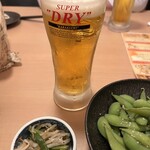 へぎ蕎麦 けんしん - お通し、枝豆、生ビール