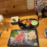 魚善 - 鮪ブツ、帆立刺身、冷トマト塩、冷奴