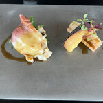 表参道うかい亭 - うかい厳選牛ランチコース１４５２０円。北寄貝炙り　蓮根、さつまいも唐揚げ。肉厚な北寄貝をサッと炙った品です。甘味、歯応え、抜群でした。