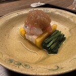 木山 - 【先付】甘海老　長芋　柿　焼き茄子　ほうれん草　焼いた玉葱のおろし