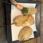 はん亭 - えびのしそ巻き、カムイ豚のロース、海老芋