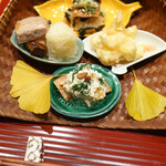 Ootani - Hassun – Grilled Mikawa Pork with Saikyo Miso, Grilled Pacific Saury, Deep-fried Sweet Potato and Lily Bulb, Potato Salad, White Sesame Tofu with Persimmon, Chrysanthemum Greens, and Mozzarella Cheese, and Carrot Gluten Canapé