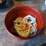 そば処 時遊庵 あさかわ - お蕎麦にねぎ味噌を乗せ、オツユをほんの少しだけ滴らしていただく