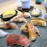 와라쿠 - ＊車海老（炙った頭添え）、穴子、鯵、伊佐木かしら。