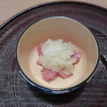 先付　氷見寒鰤のコロ　鬼おろし　酢橘醤油