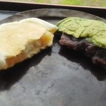 リトリート たくら - 「米粉のアカタン焼き（お焼き）」　梅あん・よもぎこしあんの断面