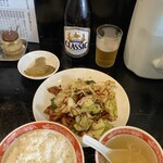 天坊 - 回鍋肉定食(肉キャベツ味噌炒め)＋ビンビール(中)