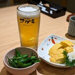 和食麺処 サガミ - 生ビール（中ジョッキ）、枝豆、厚焼き玉子