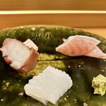 すしのいずみ - お造り　佐島のタコ　北海道の八角　伊豆のアオリイカ