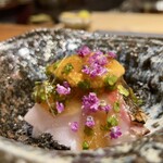 木鶏 - 北海道の鰤。有明の焼き海苔と北海道あん肝のペースト。スプラウトとポン酢ジュレ。すだち