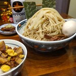 奈つやの中華そば - もちもち雲呑味玉つけそば 1300円、二色そぼろのちょこっとしいたけ乗せ丼 250円、黒ラベル(350ml缶) 350円