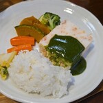 キッチン ブルー グローブ - ご飯を乗せて