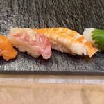 鮨やまけん - おまかせ握り4種(烏賊、海老、鯛、鮭)