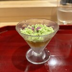 銀座 きた川 - 海老　コンソメジュレ　枝豆　芋湯葉すり流し
