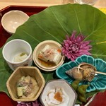 銀座 きた川 - 貝ぬた和え　鱧子　塩辛イカ柚子胡椒酢橘
      バイ貝　蛸ちり酢　枝豆招興酒
      焼穴子 梅肉　胡瓜　茗荷　土佐酢