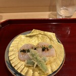 銀座 きた川 - 帆立　油通し　山椒しょうゆ　アスパラ天ぷら