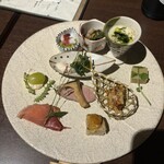 うしのほね 本店 - 八寸は、京都っぽくていい！海苔の入ったあったかいポタージュスープや柿の生ハム巻きがモダンミックス