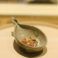 温石 - ①【先付-1】
                    落花生（オオマサリ？）豆腐、蒸し無花果+インゲン+落花生添え、ローストした落花生のソース
                    