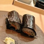 木挽町 とも樹 - 胡瓜、大根、茗荷のツマを三國屋の海苔で巻きました