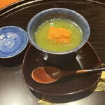 267969525 - 一皿目。雲丹と湯葉の茶碗蒸し　おくらあんかけ。