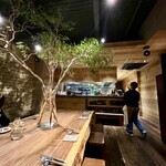 ラ・トォルトゥーガ - 大きな木のテーブルに並びながら座ります。観葉植物も大きくプレゼンされていてとても雰囲気が良いです。