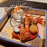 日本焼肉はせ川 別亭 - 八寸（秋の実白和へ、車海老艶煮、酢橘釜ゼリー、子持ち鮎煮浸し、杏子鳴門巻き）