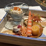 日本焼肉はせ川 別亭 銀座店 - 八寸（秋の実白和へ、車海老艶煮、酢橘釜ゼリー、子持ち鮎煮浸し、杏子鳴門巻き）