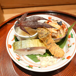 京味 もと井 - 松茸フライ、鯖鮨、梨のすり流し、柿胡麻和え