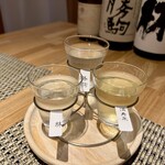 輪久 - 利き酒三種のみくらべ（¥1,400〜銘柄による）
      やっぱ勝駒っていいお酒”(*>∀<)o(酒)"
      林も軽やかな酸味がある吟醸ですね！
      満寿泉ワイン樽、この葡萄の甘い香りと渋みは女性ウケするやつ(^^)