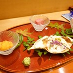 寿司英 - 刺身盛合わせ ・本鮪 ・雲丹 ・蛸あずき煮 ・渡り蟹