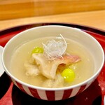 礒田 - 北寄具と焼き茄子、新銀杏、出汁餡掛け