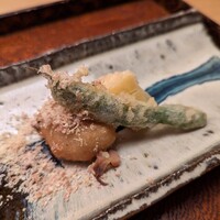 木山 - マイタケ饅頭、ベニハルカ、ささげの天ぷら、栗パウダー