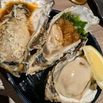 札幌かすそばtoてんぷら風土 - 生牡蠣３種盛り　山わさび、ポン酢、レモン