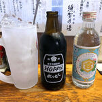 須賀乃湯 - ホッピー瓶（黒） 330円＋金宮焼酎25度（300ml 850円）