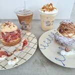 2KOTI - 【2024.10】つげさんちのいちじくとキャラメルのタルト(税込1,000円)、モンブランのざくざくシュークリーム(税込750円)、さつまいもキャラメルミルク・ICE(税込700円)