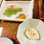 月光温泉 クアハイム - お膳左側‥お刺身コンニャク