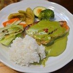 キッチン ブルー グローブ - ご飯を乗せて