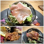 メルモーゾ ダ ドロカワ - ＊レタスには自家製ドレッシングかかけられ、上には生ハム ＊豚ほほ肉の煮込みは、豚肉が柔らかくデミソースのお味もいいこと。