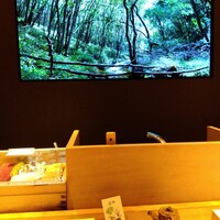 鮨めぐり - カウンターのモニターには美しい自然が。