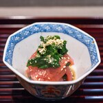 あき山 - 2024.10 鮪（まぐろ）と青菜（京みず菜、壬生菜、モロヘイヤ）のお浸し