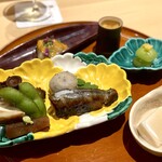 銀座 しのはら - 目光 西京漬け・煮鮑・蛸・枝豆 帆立 ブランデー 紅白柿なます シャインマスカット 胡麻豆腐