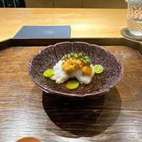 御料理 ふじ田 - 先付：ハモの葛打ち＆ウニ、もずく酢、新銀杏