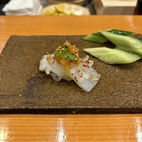 天寿し 京町店 - 槍烏賊、雲丹&飛子、黄カボス果汁、錦胡麻