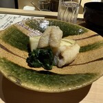 温石 - ⑪煮えばな
      カマスの生姜焼き、甘長唐辛子の酢漬け