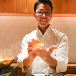 銀座 しのはら - フォアグラ・マンゴー、パッションフルーツ、レモンシャーベットのモナカ