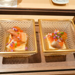 銀座 しのはら - 蒸しウニと卵豆腐、ほっき貝、いくら