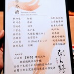 焼鳥 ひら野 - 日本酒メニュー